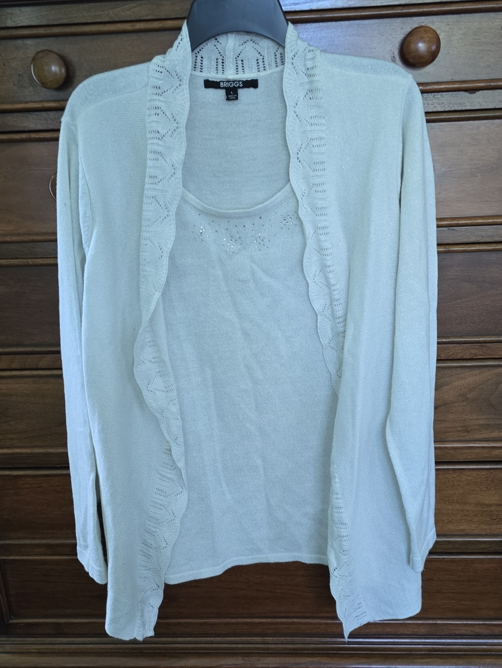 Briggs New York Light Silver/White Open-Front Sweater Cardigan with Shell